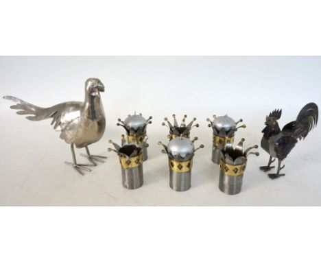 RUSTIC METAL PHEASANT SCULPTURE
together with a similar metal cockerel and six metal tea light holders modelled as crowns  