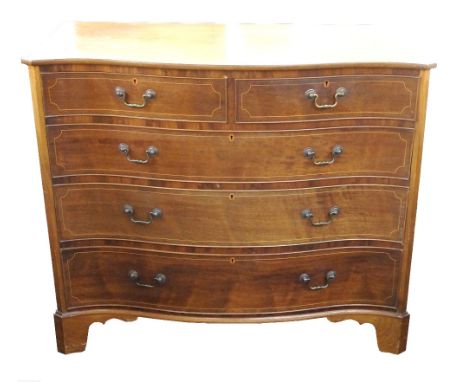 VICTORIAN MAHOGANY SERPENTINE FRONT CHEST
with two short over three long graduated brass handled drawers, raised on bracket f