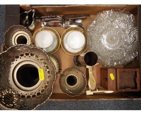 A good mixed lot to include a quantity of glassware, two cups and saucers, plated ware, a wooden cigarette box and an epergne