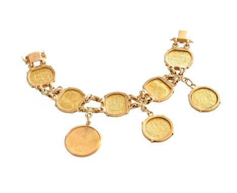 A Sovereign Bracelet, five chain linked sovereigns suspend two further sovereign charms and a plaque initialled 'CB', length 