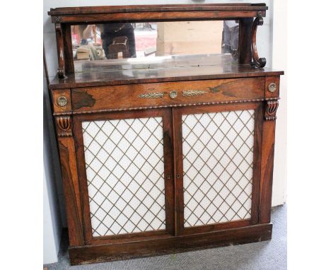 A Regency Rosewood Mirror Back Chiffonier, with reeded scroll supports, gilt metal mounts and grill fronted doors, 107cm by 3