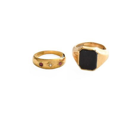 A 9 Carat Gold Signet Ring, out of shape; and An 18 Carat Gold Ruby and Diamond Three Stone Ring, finger size LSignet ring - 