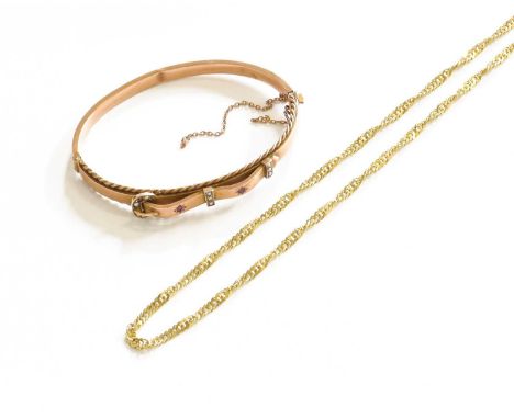 A Fancy Link Chain, stamped '14K', length 45.5cm; and A 9 Carat Bangle, inner measurements 5.7cm by 4.7cm (a.f.)Chain - 6.2 g