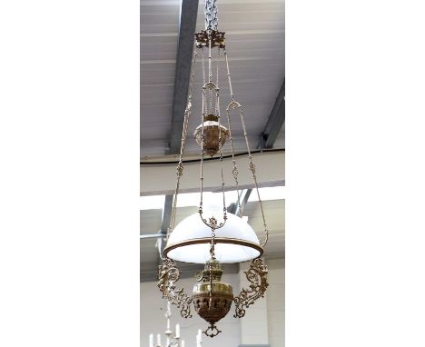 A Gilt Metal Rise and Fall Ceiling Light, with an opaque glass shade