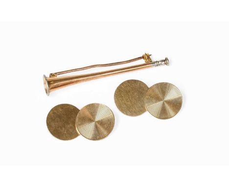 A Pair of 9 Carat Gold Cufflinks, comprising of chain linked circular engine turned plaques; together with A Hunting Horn Bro