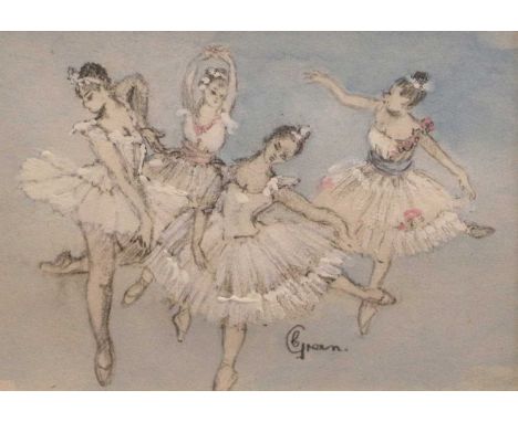 Cecilia Green (20th Century) Ballerinas Signed watercolour, 6cm by 8.5cm, together with a coloured print (2)NB:Cecilia Green 