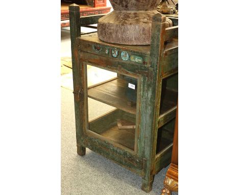 A 19th Century Indian Painted Wooden Shop Cupboard, with glazed sides and door, bearing old labels including Meera Brand, 66c