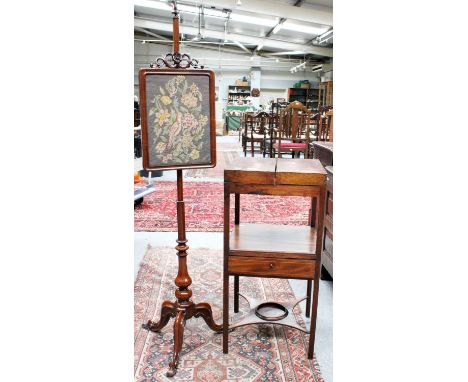 A George III Mahogany Jug and Washstand, with folding top and single drawers, 41cm by 40cm by 84.5cm; together with an early 