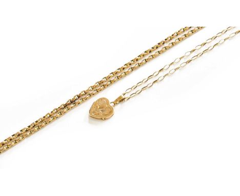 A Belcher Link Chain, with applied plaque stamped '9C', length 78.5cm; and A 9 Carat Gold Locket on Chain, pendant length 2.1