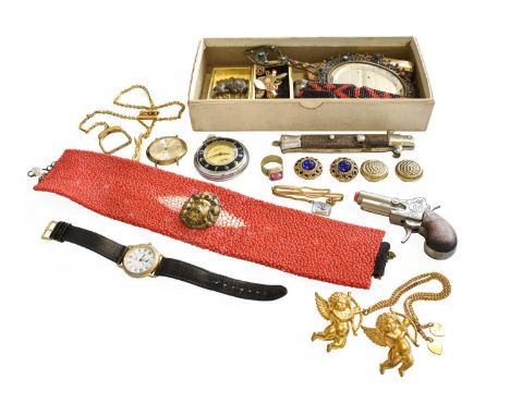 A Quantity of Jewellery and Collectables, including cufflinks, belt buckles, silver thimble, silver tie pin on chain, bead wo