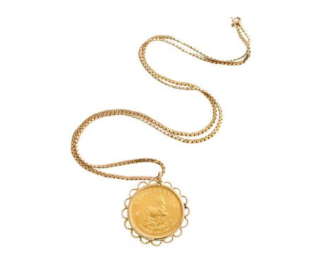 A 1974 Krugerrand Pendant on A 9 Carat Gold Chain, pendant length 4.5cm, chain length 76cmMount hallmarked 9 carat gold. Gros