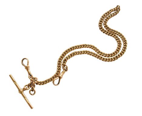 An Albert Chain, stamped '9' and '.375', suspending a 9 carat gold T-bar, length 38cmGross weight 25.0 grams.