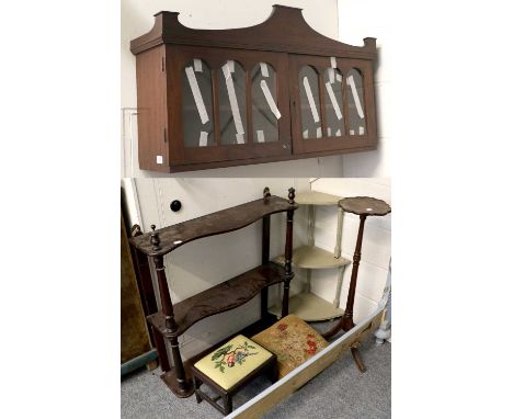 A Small Group of Furniture, including open hanging shelves, painted corner shelves, mahogany candle stand, two stools, wall m