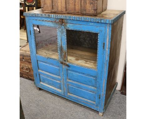 A 19th Century Blue Painted and Glazed Two Door Cabinet, 97cm by 50cm by 105cm
