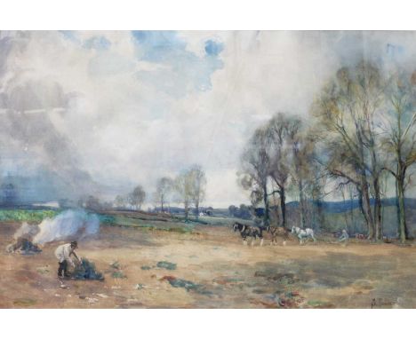 Samuel Towers (1862-1943)Extensive farm scene with horses pulling a ploughSigned watercolour, together with a 20th century ha