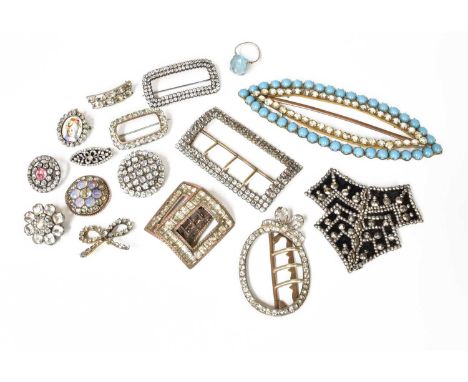 A Quantity of Costume and Paste Jewellery, including shoe buckles, belt buckles, buttons, brooches, a ring etc