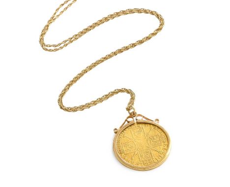 A 1715 Spade Guinea Loose Mounted as A Pendant on Chain, pendant length 3.5cm, chain length 51cmMount stamped '9CT'. Chain ha