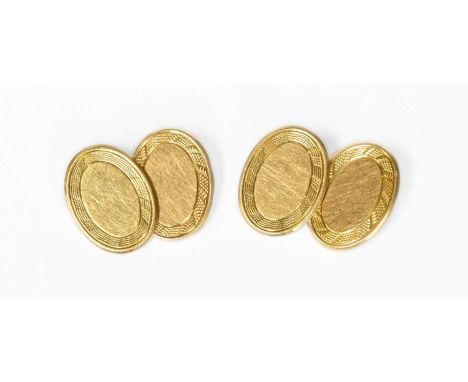 A Pair of 18 Carat Gold Cufflinks, comprising of chain linked oval engine turned plaquesGross weight 11.2 grams.