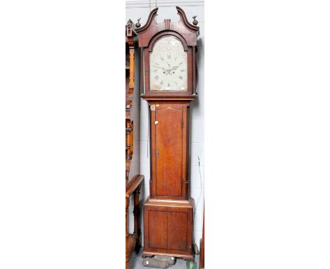 An Oak Eight Day Longcase Clock, 13 inch arch painted dial, indistinctly signed, possibly later case, 231cm highWith pendulum