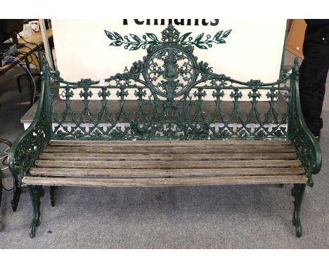 A Green Painted Cast Metal Coalbrookdale Style Garden Bench, 150cm by 70cm by 99cm