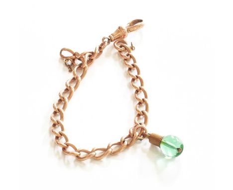 A Chain Section, stamped '9' and '.375', suspending a green charm, length 18cmGross weight 16.3 grams.