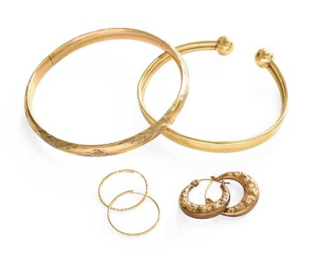 A Small Quantity of Jewellery, including a 9 carat gold torque bangle (a.f.); another bangle, unmarked; together with two pai