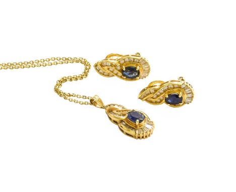 A Sapphire and Diamond Pendant on Chain, pendant length 2.9cm, chain length 40.5cm; and A Pair of Matching Earrings, with pos