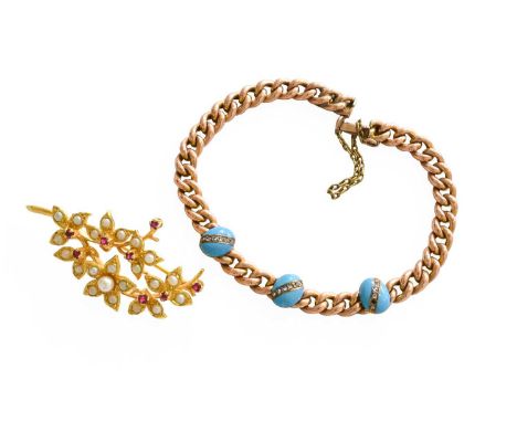 A Synthetic Ruby and Split Pearl Spray Brooch, unmarked, length 4.9cm; and A Curb Link Bracelet, with blue glass and diamond 