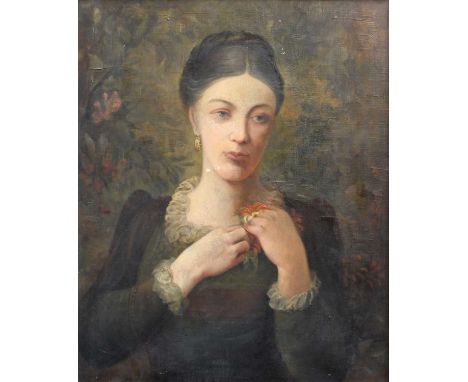 Bristish School (19th Century)Portrait of a lady pinning flowers to her chestOil on canvas, 59.5cm by 49.5cm