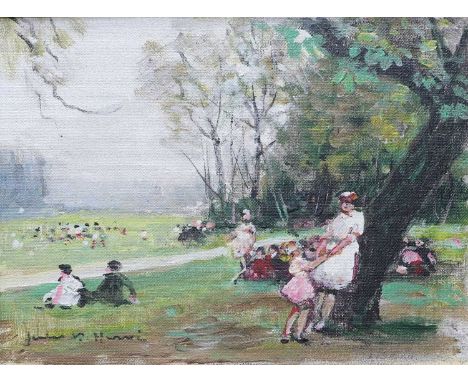 Jules René Hervé (1887-1981) FrenchChildren on a riverbank feeding Swans Signed, signed verso, oil on canvas, together with a