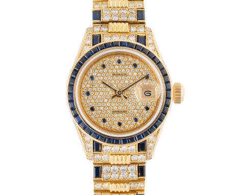 A LADY'S FINE & RARE 18K SOLID GOLD, DIAMOND & SAPPHIRE ROLEX OYSTER PERPETUAL DATEJUST BRACELET WATCHCIRCA 1987, REF. 69028 