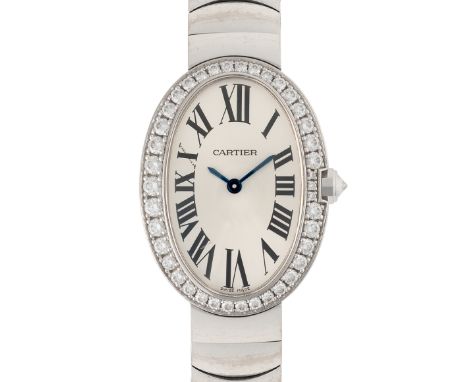 A LADY'S FINE 18K WHITE GOLD & DIAMOND CARTIER BAIGNOIRE BRACELET WATCHCIRCA 2014, REF. 3065Movement: Quartz, signed Cartier.