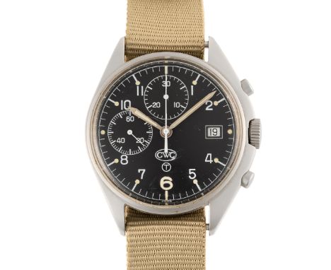 A GENTLEMAN'S STAINLESS STEEL MILITARY CWC CHRONOGRAPH WRIST WATCH CIRCA 1990Movement: 17J, manual wind, ETA cal. 7765.Case: 