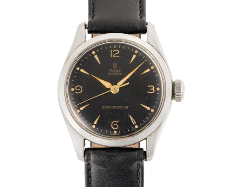 A GENTLEMAN'S SIZE STAINLESS STEEL TUDOR OYSTER SHOCK-RESISTING WRIST WATCHCIRCA 1950s, REF. 7903 WITH BLACK HONEYCOMB DIAL M