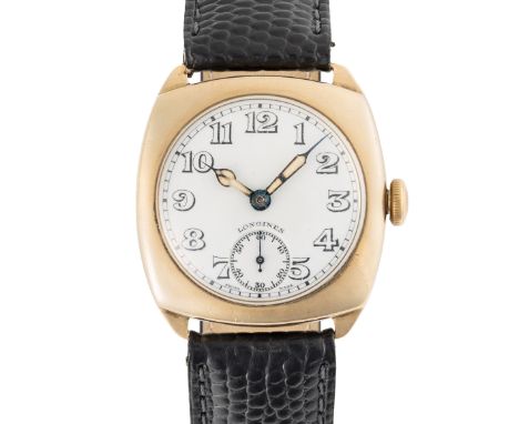 A GENTLEMAN'S SIZE 9CT SOLID GOLD LONGINES WRIST WATCH CIRCA 1930s, WITH WHITE ENAMEL DIAL Movement: 15J, manual wind, cal.12