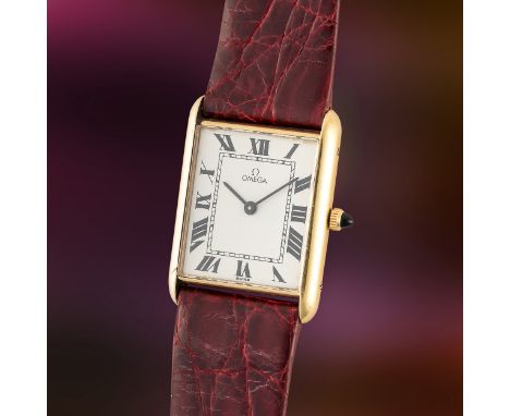 A VERY RARE GENTLEMAN'S SIZE 18K SOLID GOLD OMEGA "TANK" WRIST WATCHCIRCA 1970s, REF. BA511.90070 WITH WHITE ROMAN NUMERAL DI