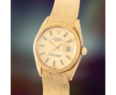 A RARE GENTLEMAN'S SIZE 18K SOLID GOLD ROLEX OYSTER PERPETUAL DATE BRACELET WATCHDATED 1978, REF. 1514 WITH ORIGINAL BOX, PAP