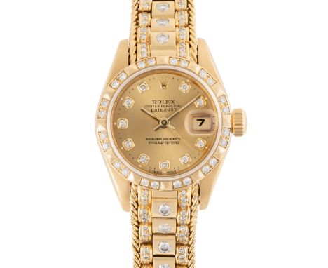 A LADY'S FINE & RARE 18K SOLID GOLD & DIAMOND ROLEX OYSTER PERPETUAL DATEJUST BRACELET WATCHCIRCA 1993, REF. 69258 WITH CHAMP