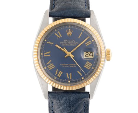 A GENTLEMAN'S SIZE STEEL & GOLD ROLEX OYSTER PERPETUAL DATEJUST WRIST WATCHCIRCA 1977, REF. 1601 WITH BLUE "BUCKLEY" ROMAN NU