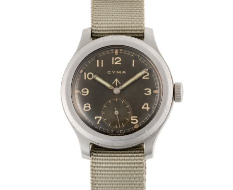 A GENTLEMAN'S STAINLESS STEEL BRITISH MILITARY CYMA W.W.W. WRIST WATCH CIRCA 1945, PART OF THE "DIRTY DOZEN"Movement: 15J, ma