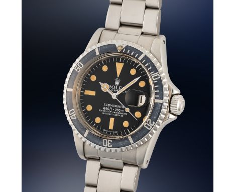 A GENTLEMAN'S SIZE STAINLESS STEEL ROLEX OYSTER PERPETUAL DATE SUBMARINER BRACELET WATCHCIRCA 1979, REF. 1680 WITH MK1 WHITE 