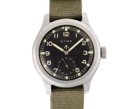 A GENTLEMAN'S STAINLESS STEEL BRITISH MILITARY CYMA W.W.W. WRIST WATCH CIRCA 1945, PART OF THE "DIRTY DOZEN"Movement: 15J, ma