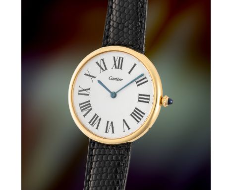 AN EXTREMELY RARE GENTLEMAN'S SIZE 18K SOLID GOLD CARTIER LONDON MAXI RONDE WRIST WATCH
CIRCA 1972, ONE OF ONLY TWO EXAMPLES 