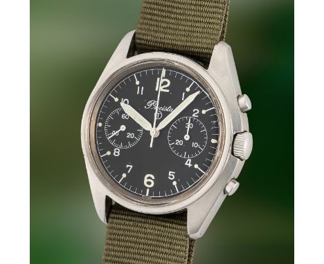 A RARE GENTLEMAN'S STAINLESS STEEL BRITISH MILITARY PRECISTA RAF PILOTS CHRONOGRAPH WRIST WATCH DATED 1981, PART OF THE "FAB 