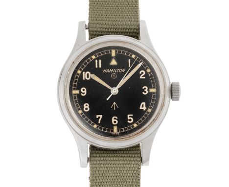 A GENTLEMAN'S STAINLESS STEEL BRITISH MILITARY HAMILTON RAF PILOTS WRIST WATCH CIRCA 1967Movement: 17J, manual wind, hacking 