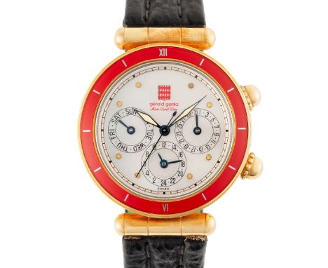 A RARE GENTLEMAN'S SIZE GOLD PLATED GERALD GENTA MONTE CARLO DAY DATE DUAL TIME AUTOMATIC WRIST WATCHCIRCA 1990, REF. WITH MO