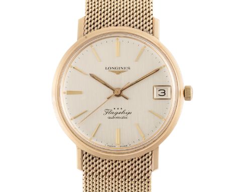 A GENTLEMAN'S SIZE 9CT SOLID GOLD LONGINES FLAGSHIP AUTOMATIC CALENDAR BRACELET WATCH CIRCA 1966, REF. 3418 WITH LONGINES BOX
