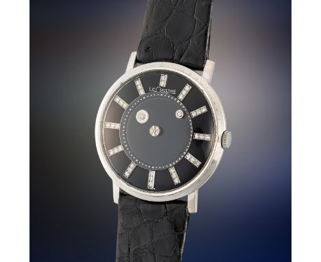 A GENTLEMAN'S SIZE 14K WHITE GOLD & DIAMOND LECOULTRE GALAXY MYSTERY WRIST WATCHCIRCA 1960, WITH FACTORY SET GLOSS BLACK DIAM