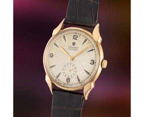 A RARE GENTLEMAN'S SIZE 9CT SOLID GOLD ROLEX PRECISION WRIST WATCHCIRCA 1950s, WITH SCALLOPED LUGS Movement: 17J, manual wind