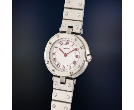 A LADY'S RARE PLATINUM CARTIER PARIS SANTOS VENDOME RONDE BRACELET WATCHCIRCA 1990s, REF. 8191 GUILLOCHE DIAL WITH RED ROMAN 